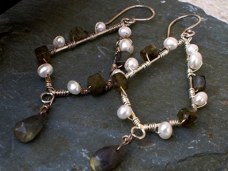 Diamonds Labradorite Freshwater Pearl Modern Tribal Chandelier Earrings Wire wrapped Sterling Silver