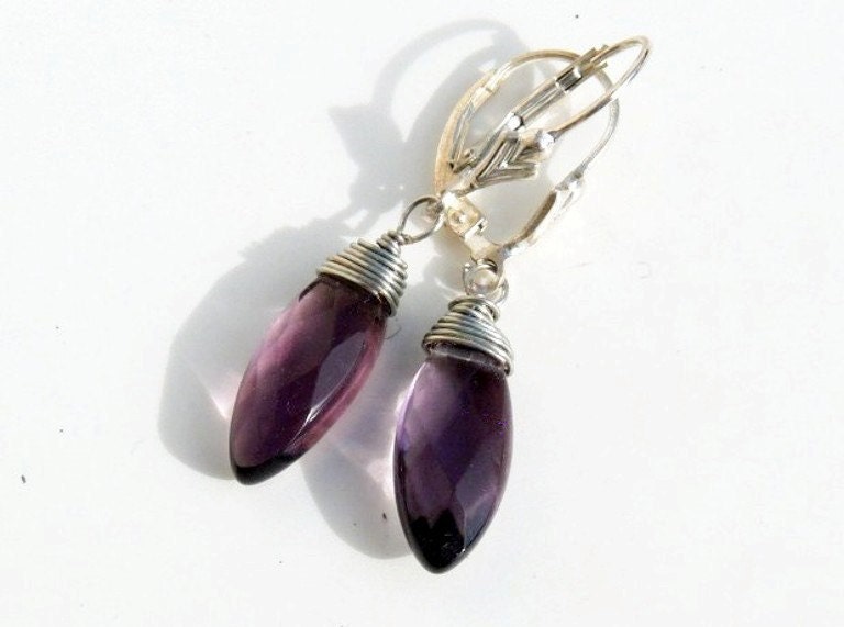 Amethyst earrings purple marquise sterling silver wire Wedding earrings