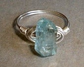 AQUAMARINE Ring Icy Blue Faceted Nugget Sterling Silver Wire Wrapped Wedding jewelry, Bridesmaid