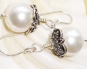 White Pearl Earrings Bali Sterling Silver Freshwater Pearl Earrings