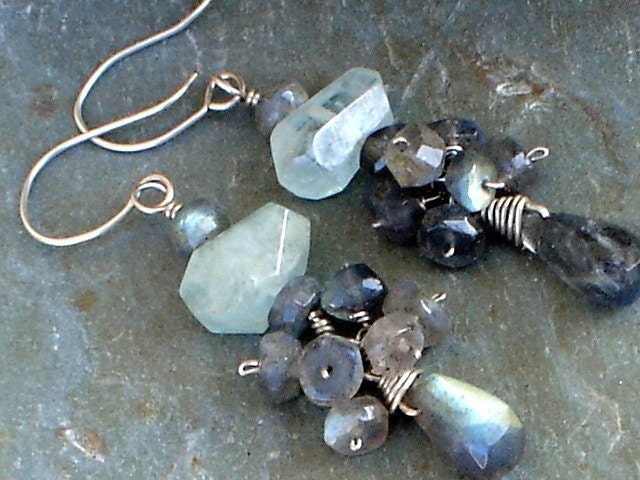Nugget Blue Aquamarine Earrings, Faceted Labradorite Briolettes Sterling Earrings