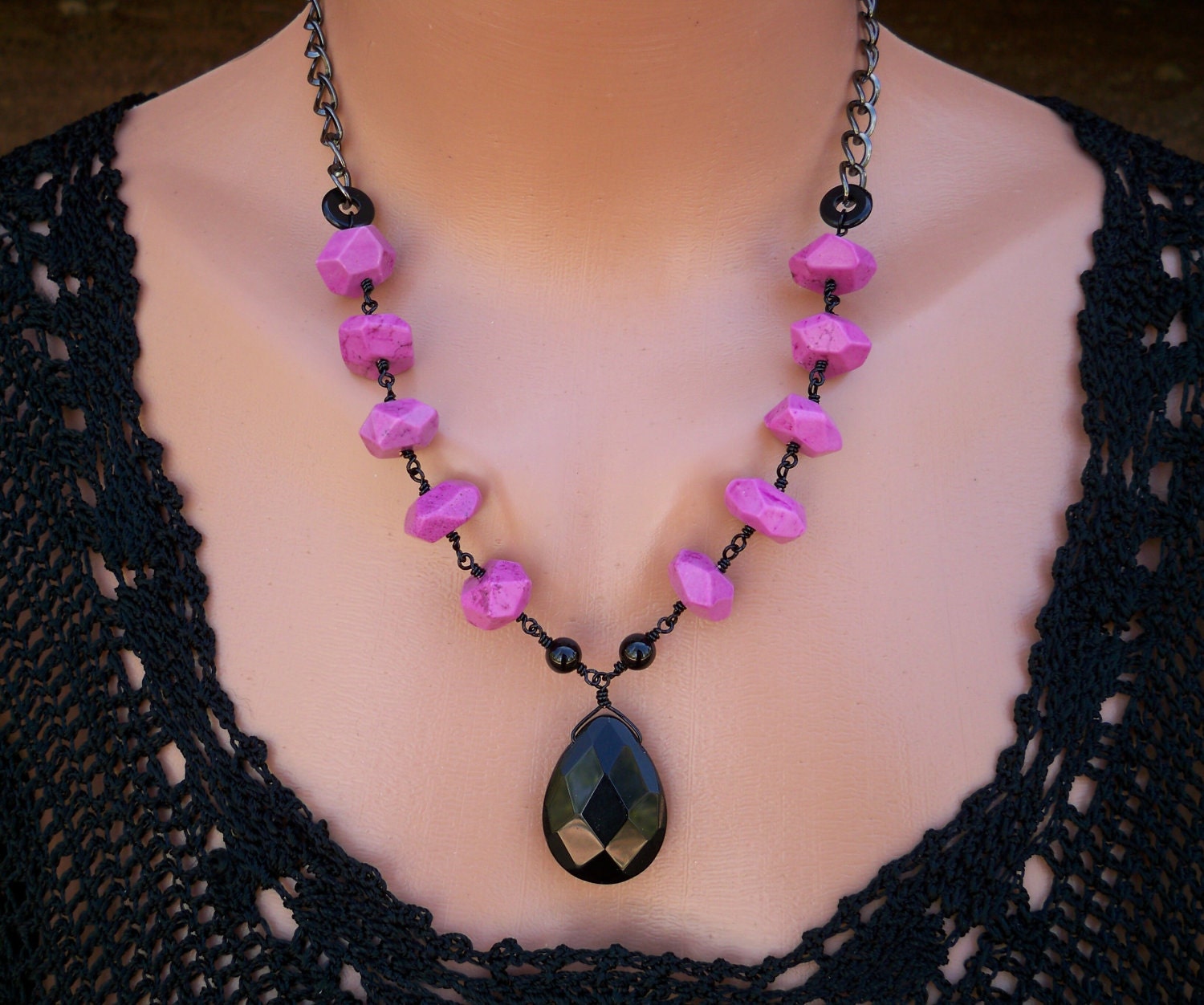 Pink Black Necklace Howlite Onyx Wire Wrapped DELILAH