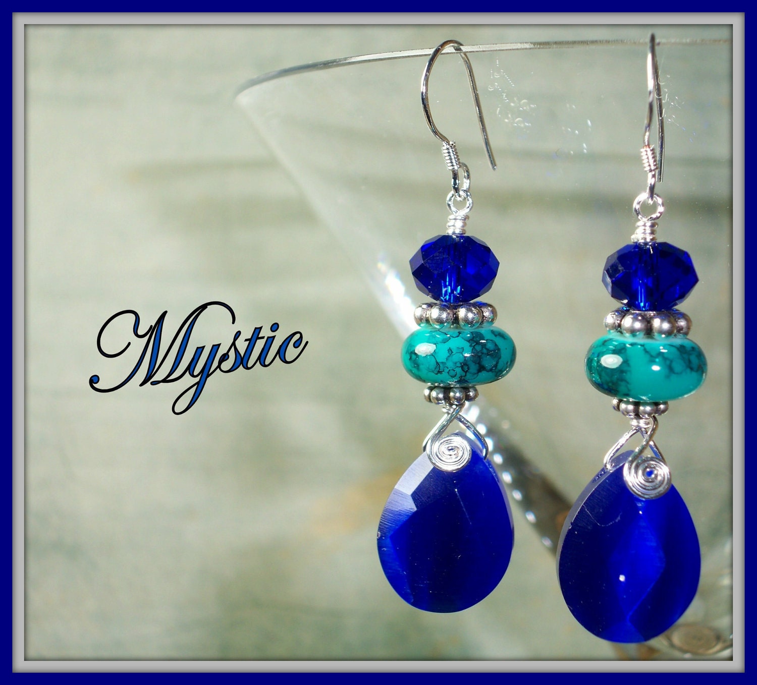 Blue Earring Fiber Optic Teardrop Green Crystal MYSTIC