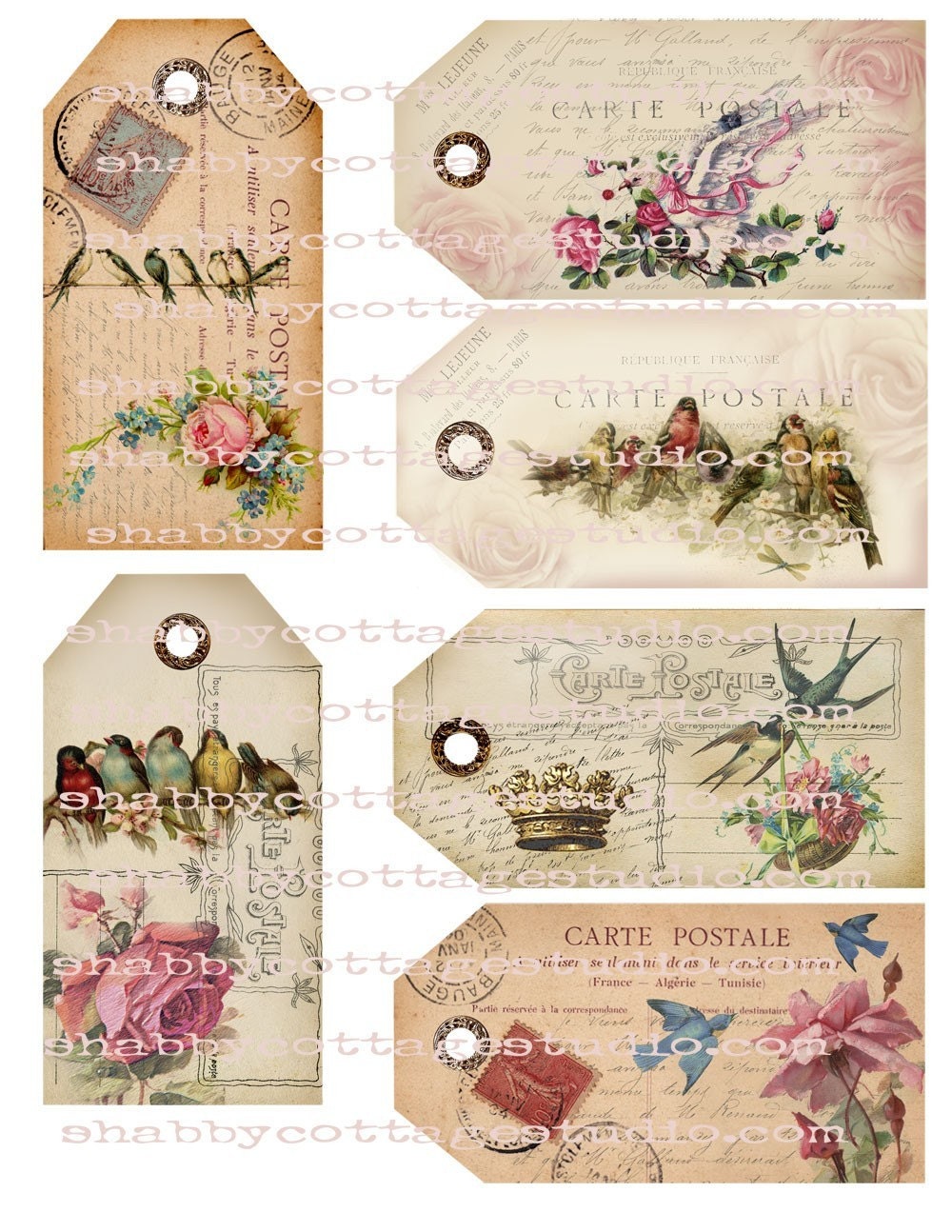 Digital Download U Print Floral and Bird Postcard Tags