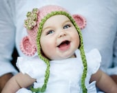 Custom listing for meredith 12 m to 24m Organic Cotton Chunky Mini monkey Flap Hat Cherry Blossom with LavenderTrim and flower