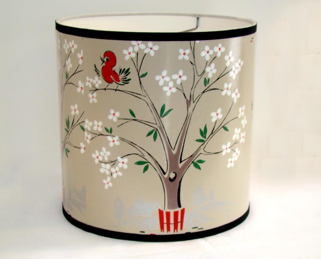 Vintage Wallpaper Drum Shade 1950's Birds and Blooms
