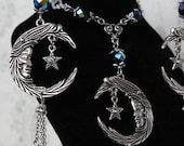 Bella Luna - Silver and Iridescent Black Crescent Moon Necklace Set