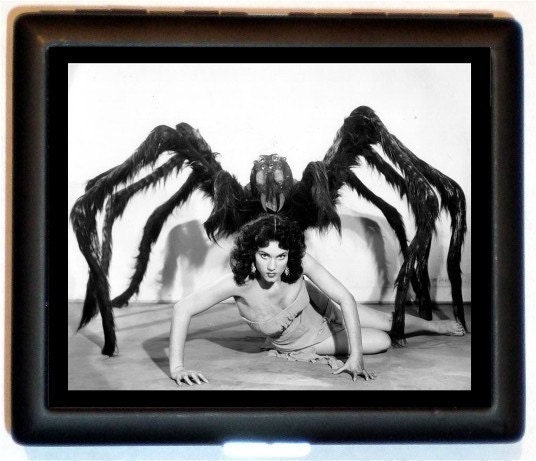 B Movie Spider Woman Sci Fi Monster Movie Retro 50s Rockabilly Pin up Kitsch Black Metal Cigarette or ID or Business Card Case Wallet