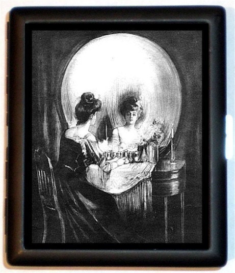 All is Vanity Anamorphic Skull Illusion Pinup Cigarette Case or Business ID Case Wallet Retro Art Nouveau