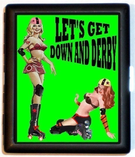Roller Derby Let's Get Down and Derby 2 Skaters Sexy Skater Skating Pinup Pivot and Jam Cigarette Case or ID Holder or Business Card Case Wallet or MP3 Holder