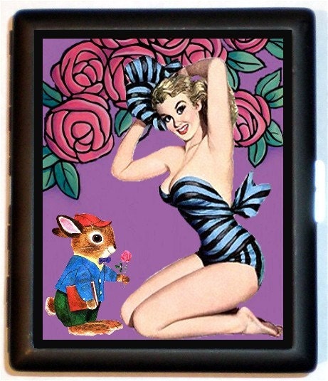 Pinup Bikini Girl and her Kawaii Supercute Cute Rabbit Admirer Giving Her a Rose Black Metal Cigarette of ID card or Wallet or  Holder Case