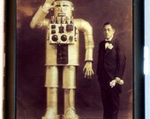 Vintage Circa 1910 era Japanese Man with Early Robot Design Very Unique Black Metal Cigarette or ID or Business Card Holder Case Wallet