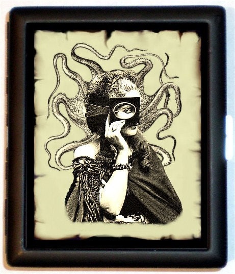 Surreal Victorian Woman Esoteric Victoriana Art Octopus Steampunk Masked Woman Cigarette Id Case Business Card Holder Wallet