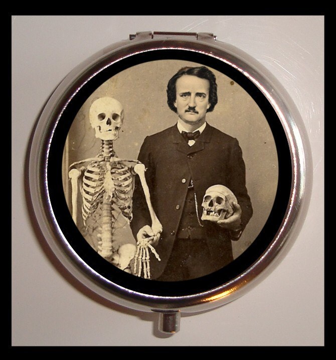 Victoriana Edgar Allan Poe with Skull Skeleton Medical Gothic Pillbox Pill Box Case Holder for Vitamins Pills - sweetheartsinner