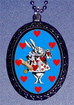 White Rabbit Alice iN Wonderland Handcrafted Handcasted Metal Pendant Handpainted Black and assembled by myself with a ballchain necklace