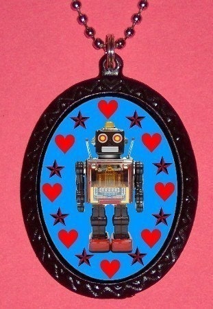 PUNKed Out My Favorite Robot Necklace with Heart and Stars DIY Handmade Handcasted Metal Pendant handpainted black and ballchain Necklace