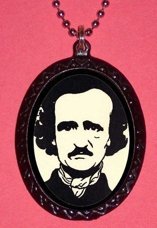 Striking Edgar Allan Poe Black and White Woodcut Literary Goth Gothic Necklace Pendant