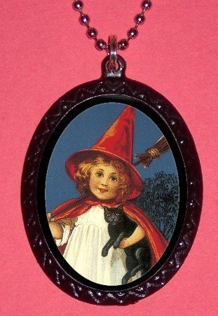 Halloween Art Black Cat Witch With Broom Pendant Necklace
