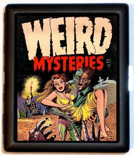Weird Mysteries Comic Pop Art Fifties strange Cool Retro Style Black Metal Cigarette of ID card or Wallet or Ipod Nano and Earbuds Holder Case