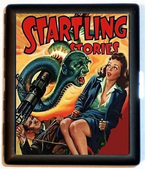 Alien Monster Attacks Pinup Beauty Startling Stories Forties Kitsch Cigarette Case or Business Card Case Wallet