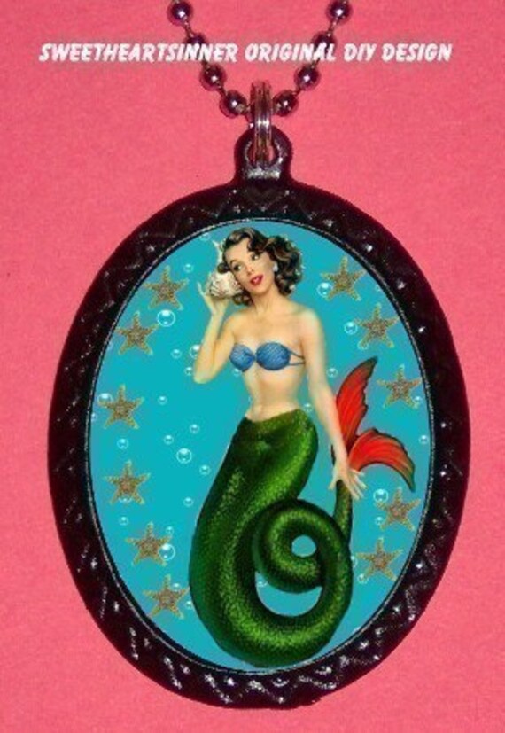 Sexy Mermaid Pinup with Seashells Conch DIY Handmade Pendant and Necklace UNIQUE and ORIGINAL Sweetheartsinner design 