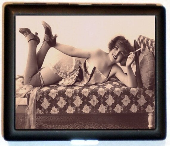 Flapper Smoking on Couch in Lingerie Erotic Cute Cigarette ID Case Business Card Holder Wallet