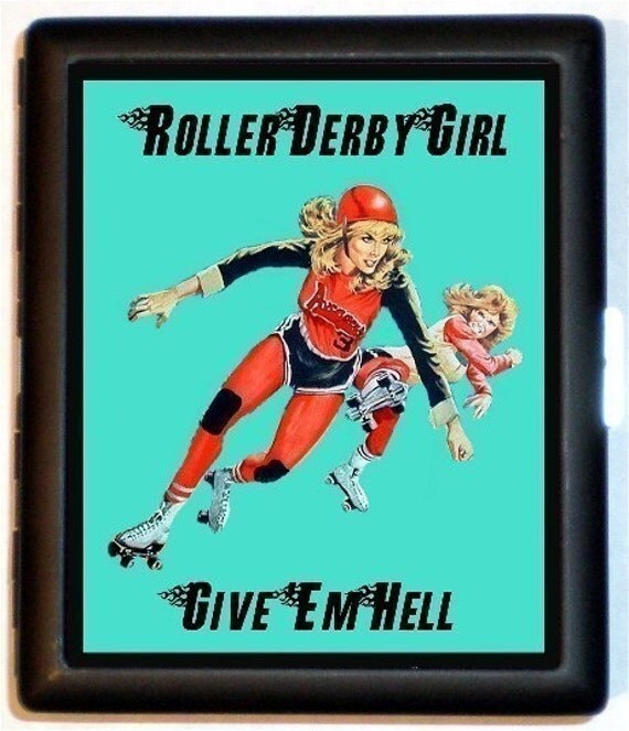 Roller Derby Girl Give Em Hell Roller Skating Skates Tough Chick Skater Roller Derby Cigarette ID Case Business Card Holder Wallet