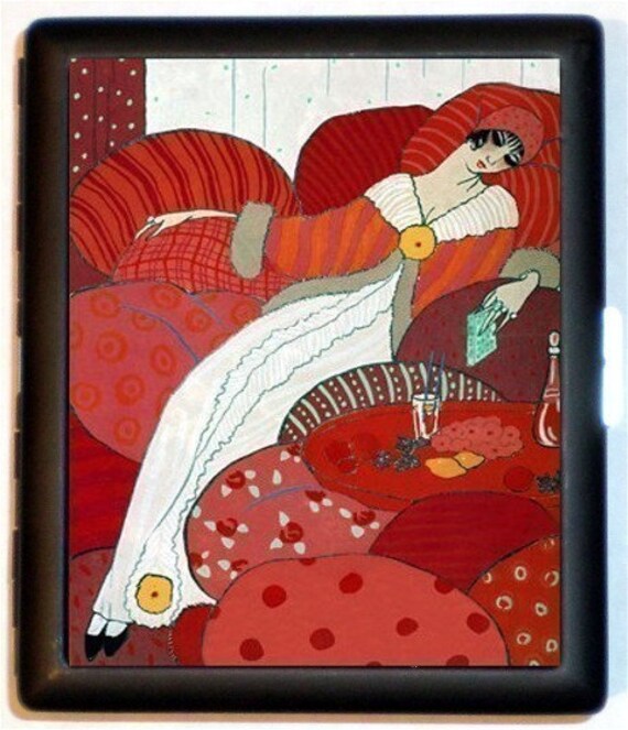 Art Deco Woman Red Surreal Symbolic Drunkeness Drunk Alcoholic Flapper Black Metal Cigarette or ID or Business or ID Case Wallet