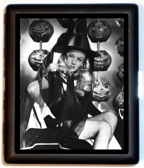 Sexy Witch Halloween Pumpkins Photograph 1950's Pinup Girl Art Design Bad Girl Rockabilly Wicca ID Wallet or Cigarette Black metal Case
