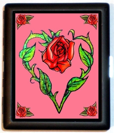 Rose Tattoo Flowers Old School Love Girlie Classy Black Metal Cigarette of ID card or Wallet or Ipod Nano and Earbuds Holder Case