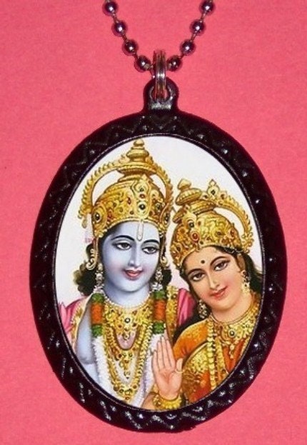 Vishnu Indian hindu Goddess twins Handcrafted Handcasted Metal Pendant Handpainted Black and assembled by myself with a ballchain necklace