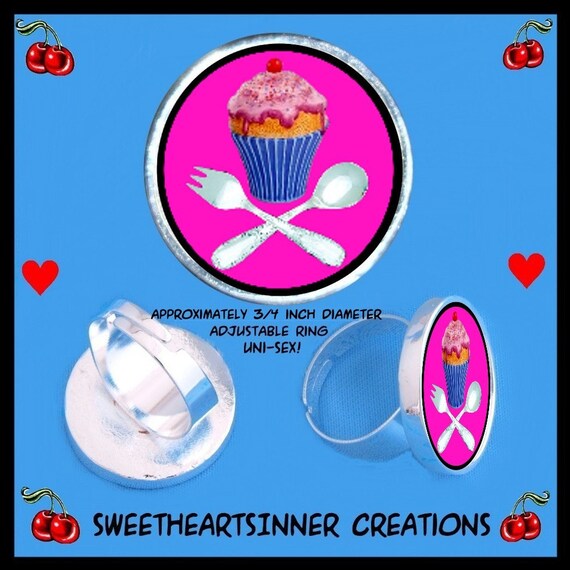 Cupcake Fork and Spoon Cute Kawaii Adustable Uni-sex Silver Tone Ring