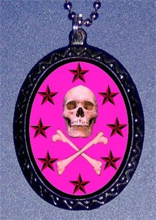Girlie Skull and Crossbones Pink PUNK Rock Emo Handmade Handcasted Metal Pendant handpainted black and ballchain Necklace