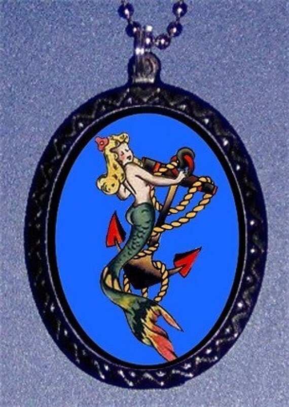 Mermaid Tattoo Anchor Gal on Blue Handcrafted Handcasted Metal Pendant Handpainted Black and assembled by myself with a ballchain necklace