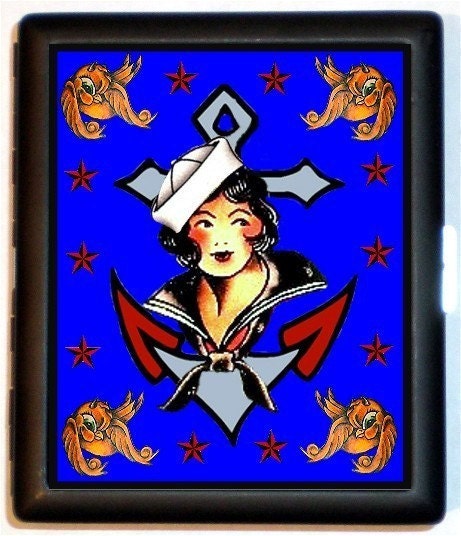 Tattoo Sailor Girl against a Anchor with Swallows and Nautical Stars Cigarette or ID or Business Card Holder Case Wallet