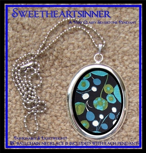 DIVINE BLISS DESIGNS - Silver Tone Pendant With Chain - Blue Art Deco Flowers