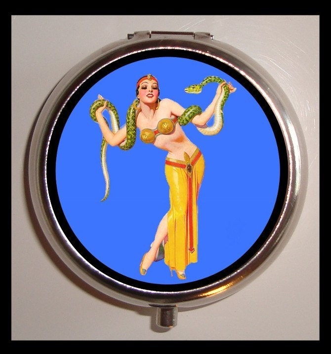 Circus Sideshow Snake charmer Pinup Sweetheartsinner Stainless Steel Pill Box Case-Holds Pills, Vitamins, Guitar Pics, and more