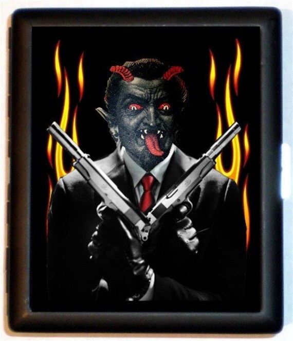 Kitsch Lowbrow Devil Krampus Mobster Hitman Handmade and SHS designed Black Metal Cigarette or ID or Business or ID Case Wallet