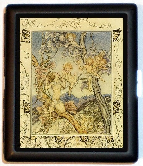 Fairy Tale Illustration Fairies Sitting in Tree Fairy Cigarette Id Case Business Card Holder Wallet