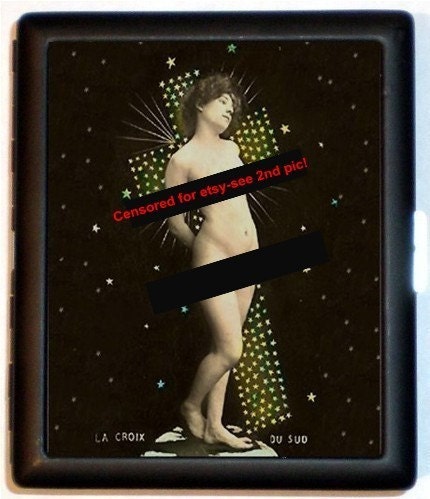 Edwardian Art Nouveau Cigarette Case Id Holder Business Card Case Nude Woman in Stars by Cross Iconic Religious Imagery