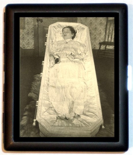 Post Mortem Postmortem Victorian Women in Coffin Weird Sad Unique Cigarette Case or Business card Holder or Wallet