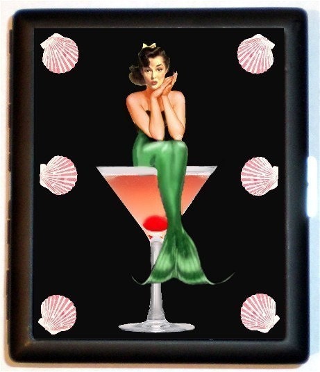 Mermaid Pin up Pinup Sitting in a Wine Glass Rockabilly Seashell Border Cigarette Id Case Business Card Holder Wallet