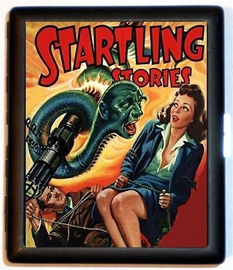 Alien Monster Attacks Pinup Beauty Startling Stories Forties Kitsch Cigarette Case or Business Card Case Wallet