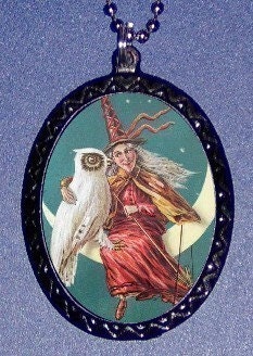 Witch with Owl DIY Vintage Halloween Necklace Pendant Victorian Goth Horror cool retro design