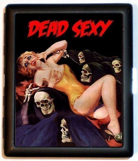 DEAD SEXY Pinup with Grim reapers Skeletons ID or Wallet or Cigarette Case Rockabilly Horror Retro