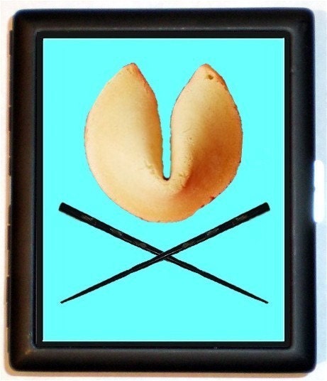 Fortune Cookie Chopsticks Skull and Crossbones Badass Design Pop Art Surrealism Black Metal Cigarette or ID or Business Card Case Wallet can hold some MP3