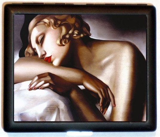 Sleepy Woman Art deco Block style art painting surreal Black Metal Cigarette or ID or Business or ID Case Wallet