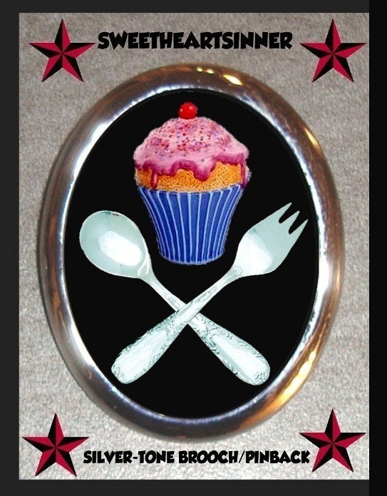 Cupcake Spoon and Fork Pirate Sexy Silver Plated Brooch Pin