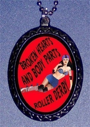 Broken Hearts and Body Part Roller Derby Gal Roller Skating Pinup Handmade Handcasted Metal Pendant handpainted black and ballchain Necklace