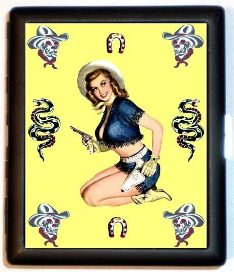Cowgirl Pinup Rockabilly Kitsch Pin Up Id or Cigarette Case or Business Card Case Holder Western